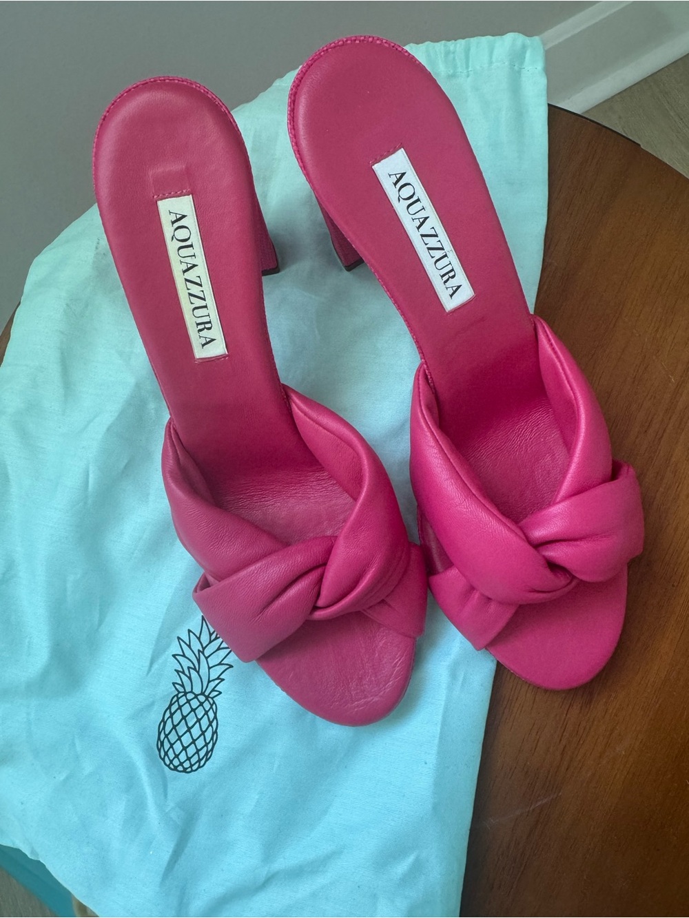 Aquazzura Pink Twist Leather Raffia Block Heel Mule Sandals Size 38.5 / US 8